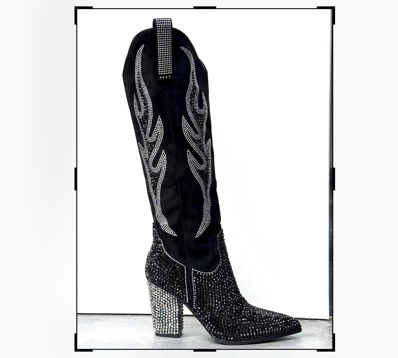 Suede bootie bejeweled w/black stones on heels. Perfect Dress Bootie 60 | Black Suede | Sarah Flint main image 4