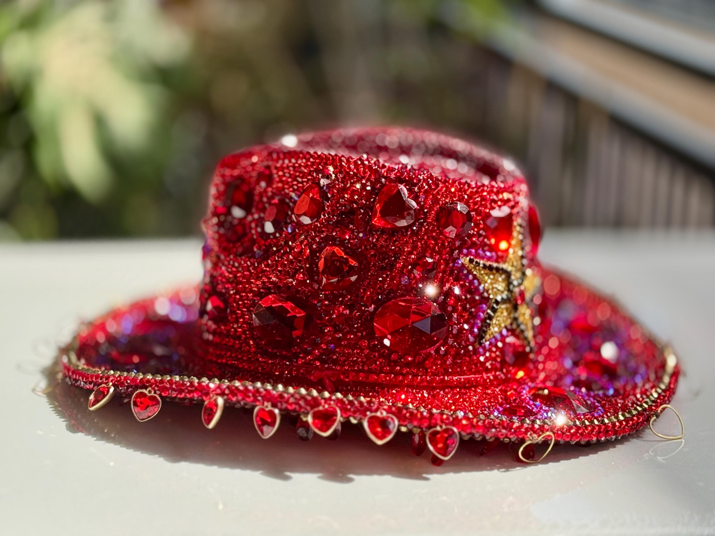 Custom Rhinestone Cowboy Hat: Red Crystals, Star, Hearts Hat  display picture 2