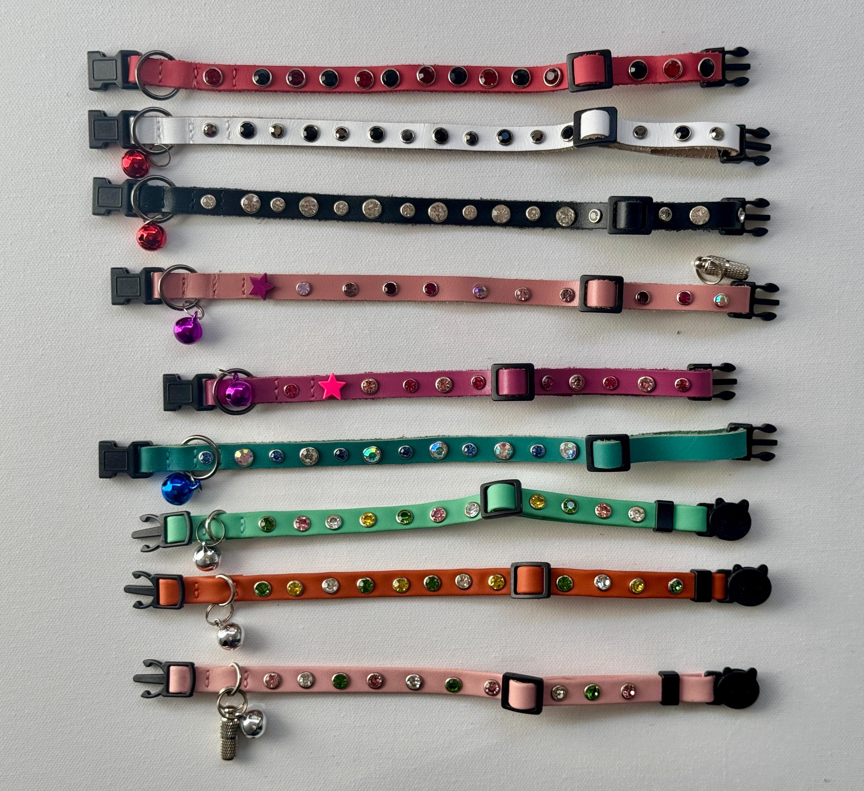 Custom Bedazzled Leather Cat Collar: Rhinestone Bling, Breakaway Style