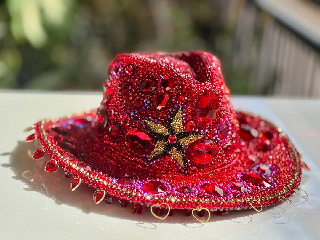Custom Rhinestone Cowboy Hat: Red Crystal Heart Hat