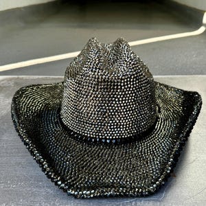 Black Rhinestone Cowboy Hat / Size L- XL Bedazzled Felt Hat. Black , Hematite Glass crystal, Resin Rhinestones / Xtra Blingy Festival Wear