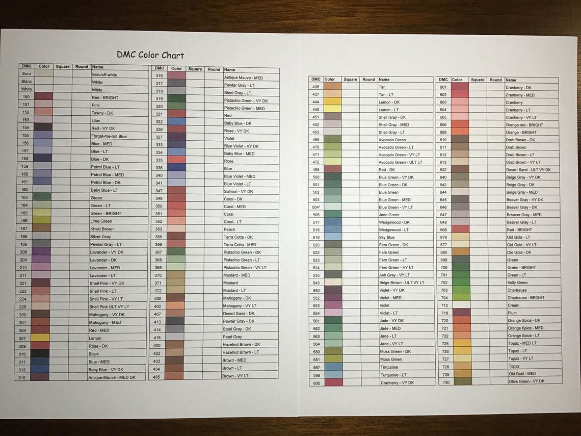 Diamond Painting DMC Color Chart Printable PDF File Etsy Australia
