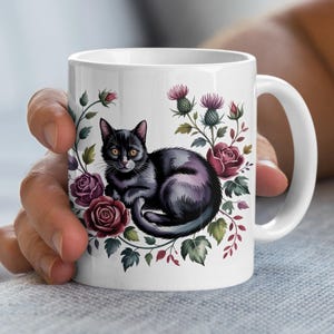 Black Cat Mug, Floral Mug, Gothic Mug, Rose Mug, Cat Lover Gift, Cute Kitten Mug, Unique Mug, Coffee Mug, Tea Cup, Cozy Mug