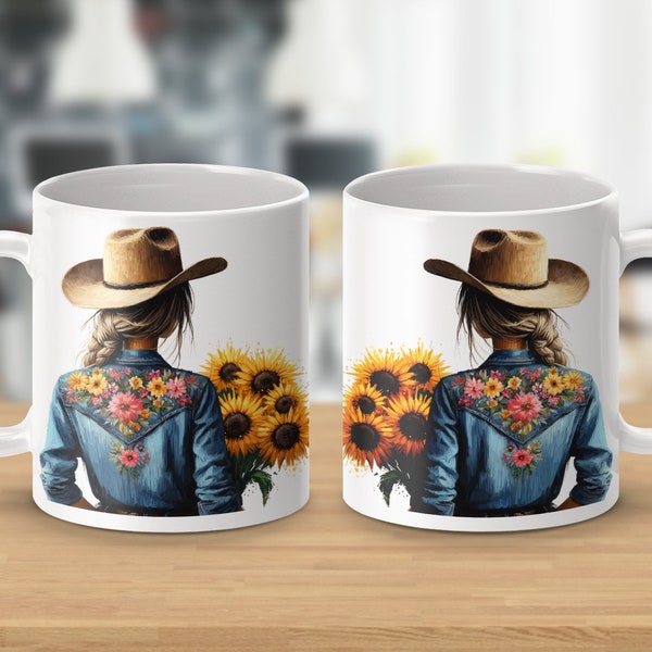 Rustic Sunflower and Cowboy Hat Design Coffee Mug, Floral Western Style Mug, Unique Gift for Flower Lovers