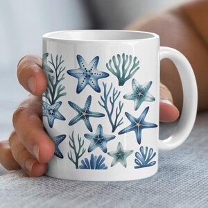 Blue Starfish Mug, Coastal Decor Mug, Beach Lover Gift, Ocean Theme Mug, Sea Life Mug, Unique Coffee Mug, Watercolor Starfish Pattern