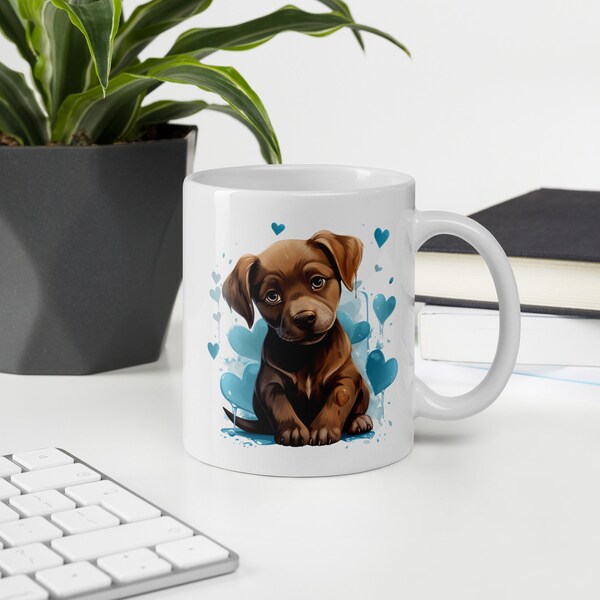 Cute Chocolate Labrador Puppy Mug with Blue Hearts, Adorable Dog Coffee Cup, Perfect Gift for Pet Lovers, Animal Illustration
