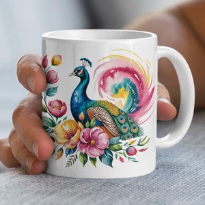Peacock Mug, Watercolor Art, Floral Mug, Unique Gift Idea, Elegant Design, Colorful Decor, Bird Lover Gift, Artistic Coffee Mug