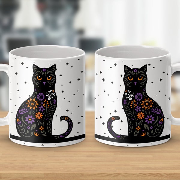 Black Cat Mug with Floral Patterns, Unique Coffee Cup, Cat Lovers Gift, Decorative Kitchenware