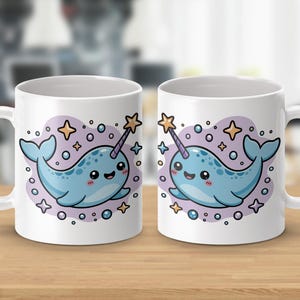 Kawaii Narwhal Mug, Cute Narwhal Coffee Cup, Magical Sea Creature Mug, Kids Mug, Gift for Narwhal Lover