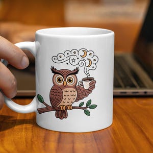 Owl Coffee Mug, Cute Animal Mug, Night Sky Mug, Coffee Lover Gift, Cartoon Owl Mug, Whimsical Mug, Starry Night Mug (134 characters)