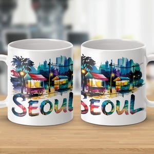 Seoul Korea Tasse, Stadtbild Kaffeetasse, koreanische Street Food Art, Reise-Souvenir, einzigartige Geschenkidee, bunte Designtasse