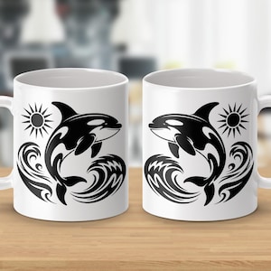 Orca Whale Mug, Tribal Killer Whale, Ocean Art Mug, Wave and Sun Design, Sea Life Mug, Animal Lover Gift, Coffee Mug, Tea Mug, Mug Gift