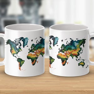 Kolorowy kubek z mapą świata, prezent dla miłośnika geografii, wyjątkowy kubek do kawy, kubek inspirowany podróżami, kubek z ilustracją Ziemi, prezent dla globalnego obywatela