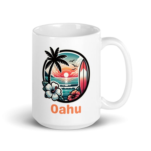 Oahu Beach Sunset Surfboard Palm Tree Mug, Tropical Island Coffee Cup, Hawaii Inspired Drinkware, Gift for Surfer