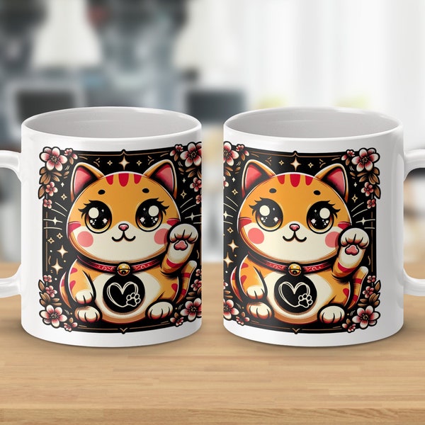 Leuke Lucky Cat Mok, Maneki Neko Coffee Cup, Japanse Lucky Charm, Kawaii Home Decor, Cadeau voor kattenliefhebbers, bloemmotief ontwerp