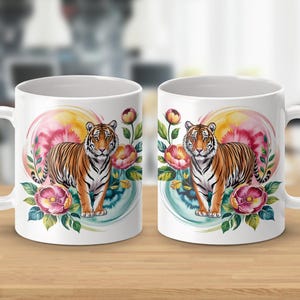 Floral Tiger Mug, Watercolor Tiger Art, Animal Mug, Coffee Cup, Tea Mug, Unique Mug, Gifts for Animal Lovers, Cute Mug Gift, Tiger Design