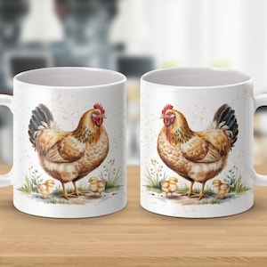 Watercolor Chicken Mug: Farmhouse Hen & Chicks Design