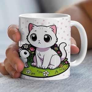 Niedliche Katze und Hase Tasse, entzückende Tiere Kaffeetasse, Kawaii Katze und Kaninchen Tasse, Wunderliche Tierliebhaber Geschenk, lustige Haustier Illustration Tasse