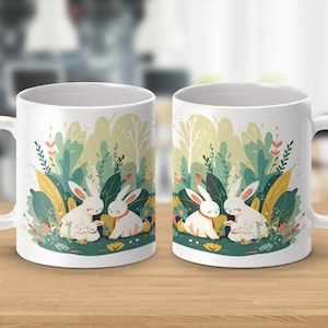 Niedliche Kaninchen Familie Kaffeetasse, Entzückendes Tier Liebhaber Geschenk, Natur Freunde Hase Tasse, Wunderliche Gartenszene Tasse, Einzigartige Kunsttasse