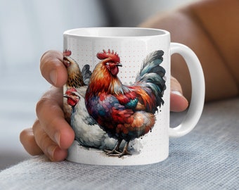 Colorful Rooster and Hen Illustration Mug, Farmhouse Kitchen Decor, Unique Chickens Coffee Mug Gift