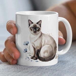 Siamese Cat Mug, Watercolor Cat Mug, Blue Flowers Mug, Cute Cat Lover Gift, Siamese Cat Gifts, Animal Mug, Decorative Mug, Unique Mug
