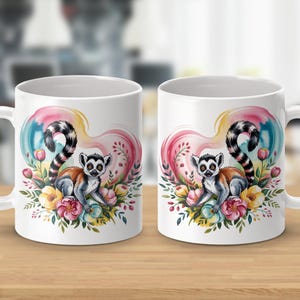 Lemur Coffee Mug: Whimsical Floral Watercolor Art