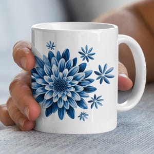 Blue Chrysanthemum Mug, Flower Mug, Botanical Mug, Modern Flower Gift, Elegant Tea Cup, Coffee Mug, Flower Lover Gift, Blue Flower Design