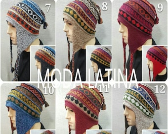 Unisex Peruvian reversible  Alpaca Hat with Earflaps 100% baby alpaca  , Soft Fleece Beanie hat , reversible 2 colors & 2 designs in 1 hat