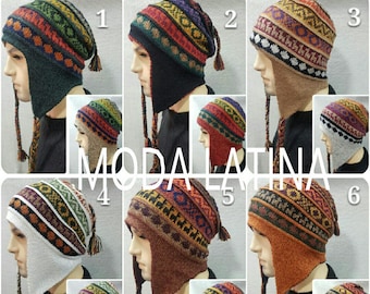 Unisex Peruvian reversible  Alpaca Hat with Earflaps 100% baby alpaca  , Soft Fleece Beanie hat , reversible 2 colors in 1 hat