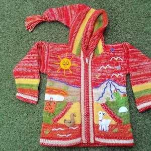 Peruvian kids wool Marbled sweater cardigan with Embroidered details Red