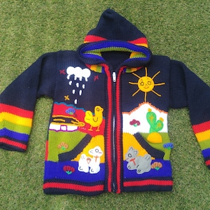 Peruvian  kids wool sweater cardigan with Embroidered details Navy blue