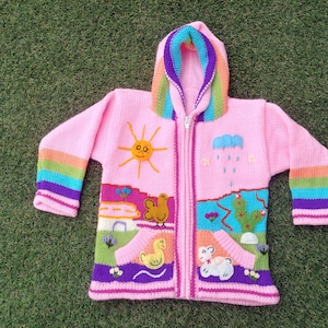 Peruvian kids wool sweater cardigan with Embroidered details Pink