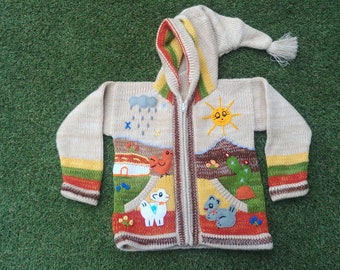Peruvian kids wool Marbled sweater cardigan with Embroidered details Cream
