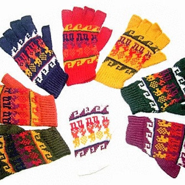 unisex peruvian alpaca fingerless gloves Light, warm, soft, delicate,  ethnic llama design mittens