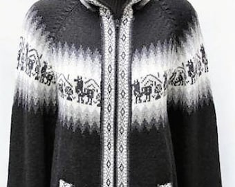 Hooded Alpaca Wool Knitted Jacket Hoodie Black Sweater