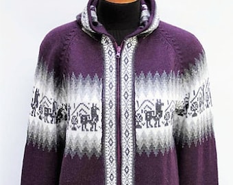 Hooded Alpaca Wool Knitted Jacket Hoodie Purple Sweater