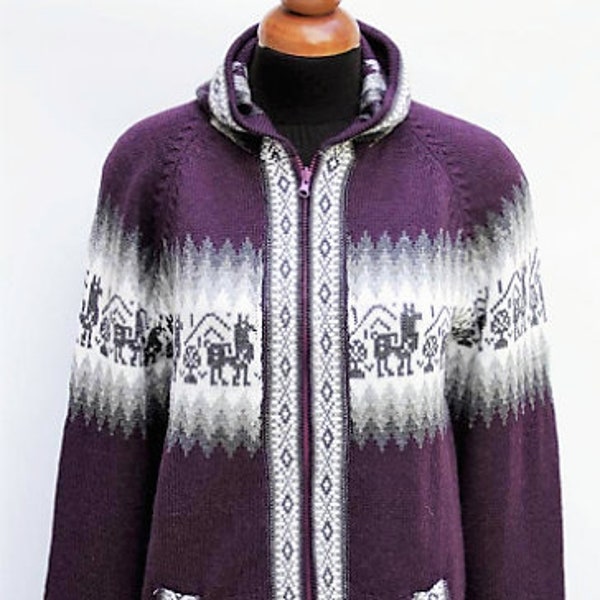 Hooded Alpaca Wool Knitted Jacket Hoodie Purple Sweater