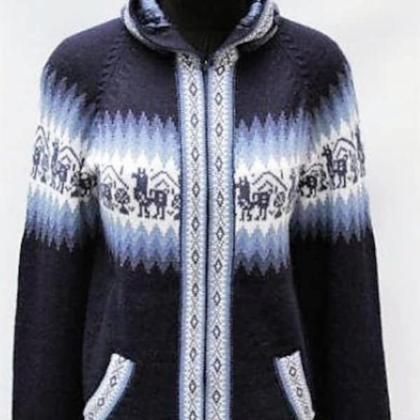 Hooded Alpaca Wool Knitted Jacket Hoodie Blue Sweater