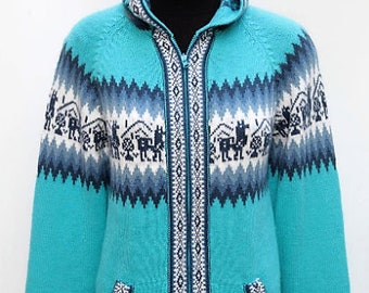 Hooded Alpaca Wol Gebreide Jas Hoodie Turquoise Trui