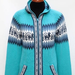 Hooded Alpaca Wool Knitted Jacket Hoodie Turquoise Sweater image 1