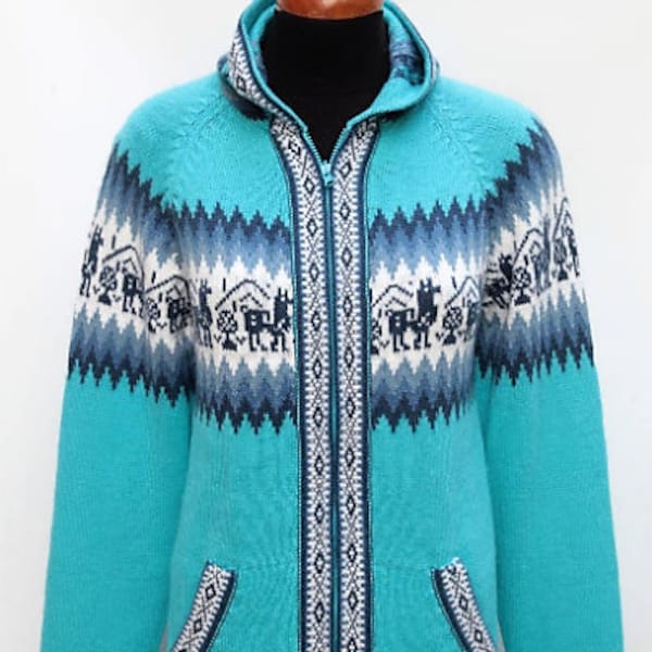 Hooded Alpaca Wool Knitted Jacket Hoodie Turquoise Sweater