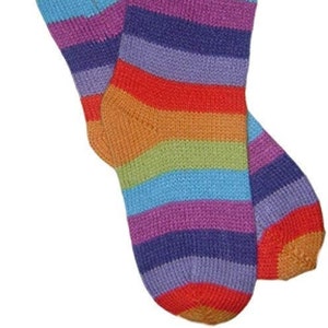 May include: A pair of colorful knitted socks. The socks feature horizontal stripes in a rainbow of colors, including orange, green, blue, purple, and red. The cuffs and toes are a solid orange color. The socks are made of a thick, textured yarn.