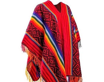 Red and rainbow Stripes Peruvian Poncho, Rustic Poncho, Peruvian Traditional Wool Blend Poncho , raibow colors poncho , colorful poncho