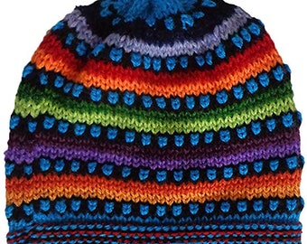 unisex Multicolor Hand Knit Alpaca Beanie Hat Cap