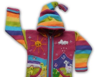 Peruvian kids wool sweater cardigan with Embroidered details Fucsia