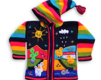 Cardigan maglione in lana peruviano per bambini con dettagli ricamati Navy