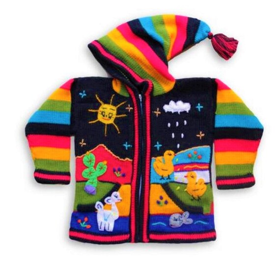 Peruvian kids wool sweater cardigan with Embroidered details Navy