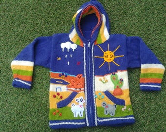 Peruvian kids wool sweater cardigan with Embroidered details Blue