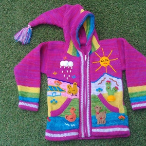 Peruvian kids wool Marbled sweater cardigan with Embroidered details Fucsia