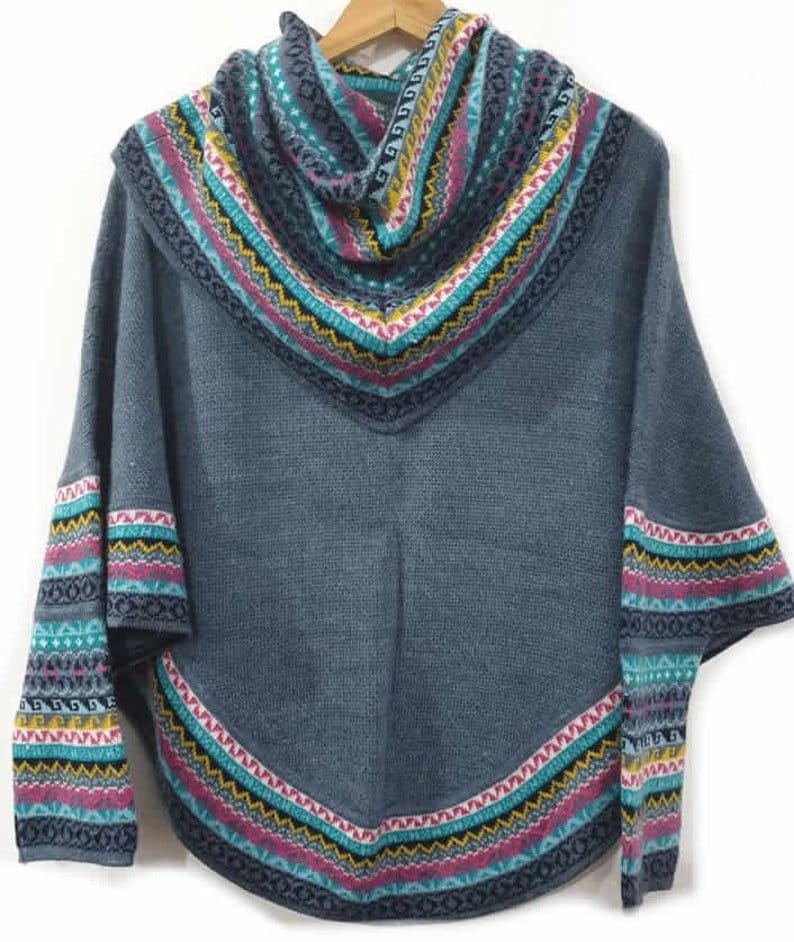 luxuriöses Damen Superfine Alpaka Wolle Poncho Cape mit Ärmeln Blau